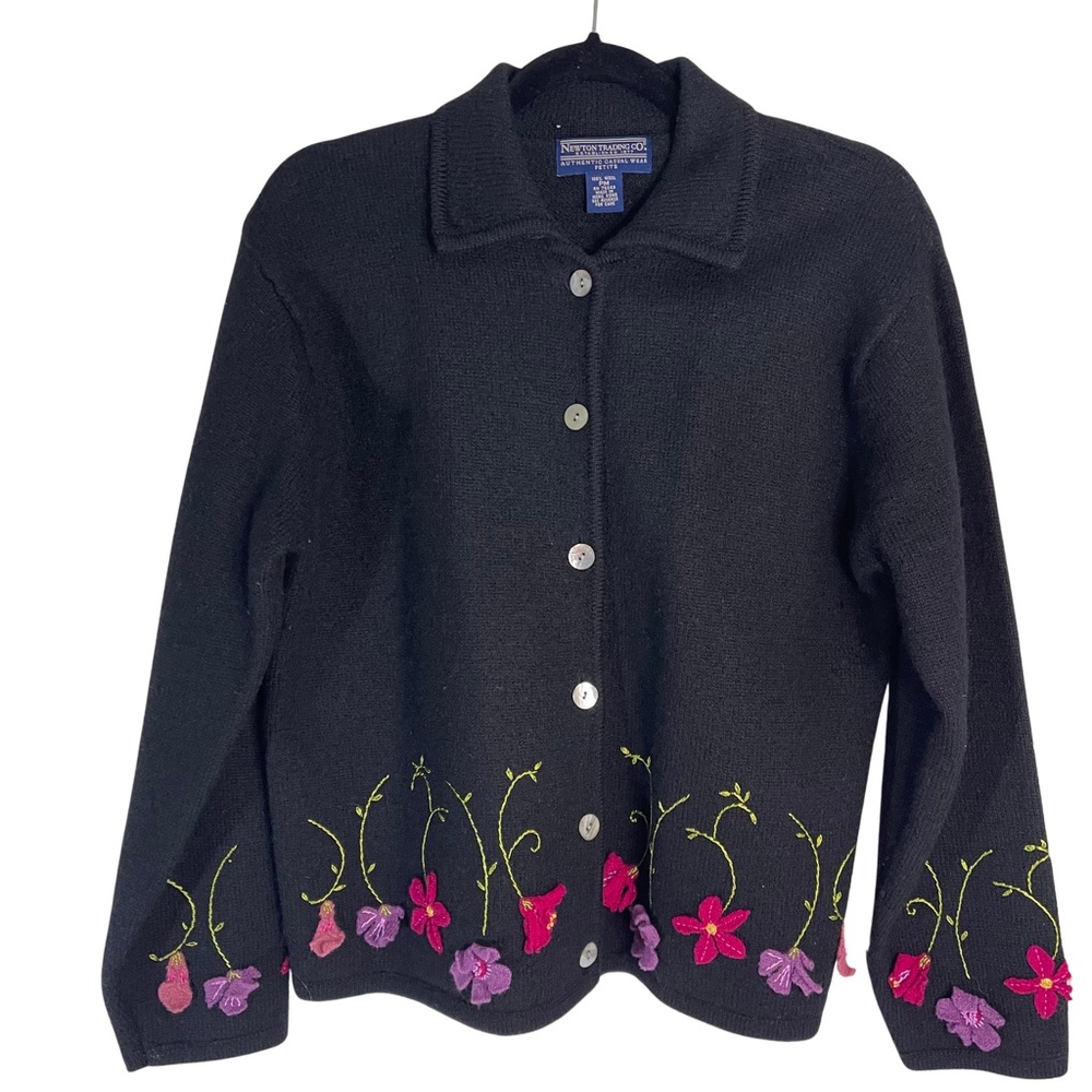 Vintage 100% Black Wool Cardigan with Floral Embroidery Abalone Buttons  Sz PM